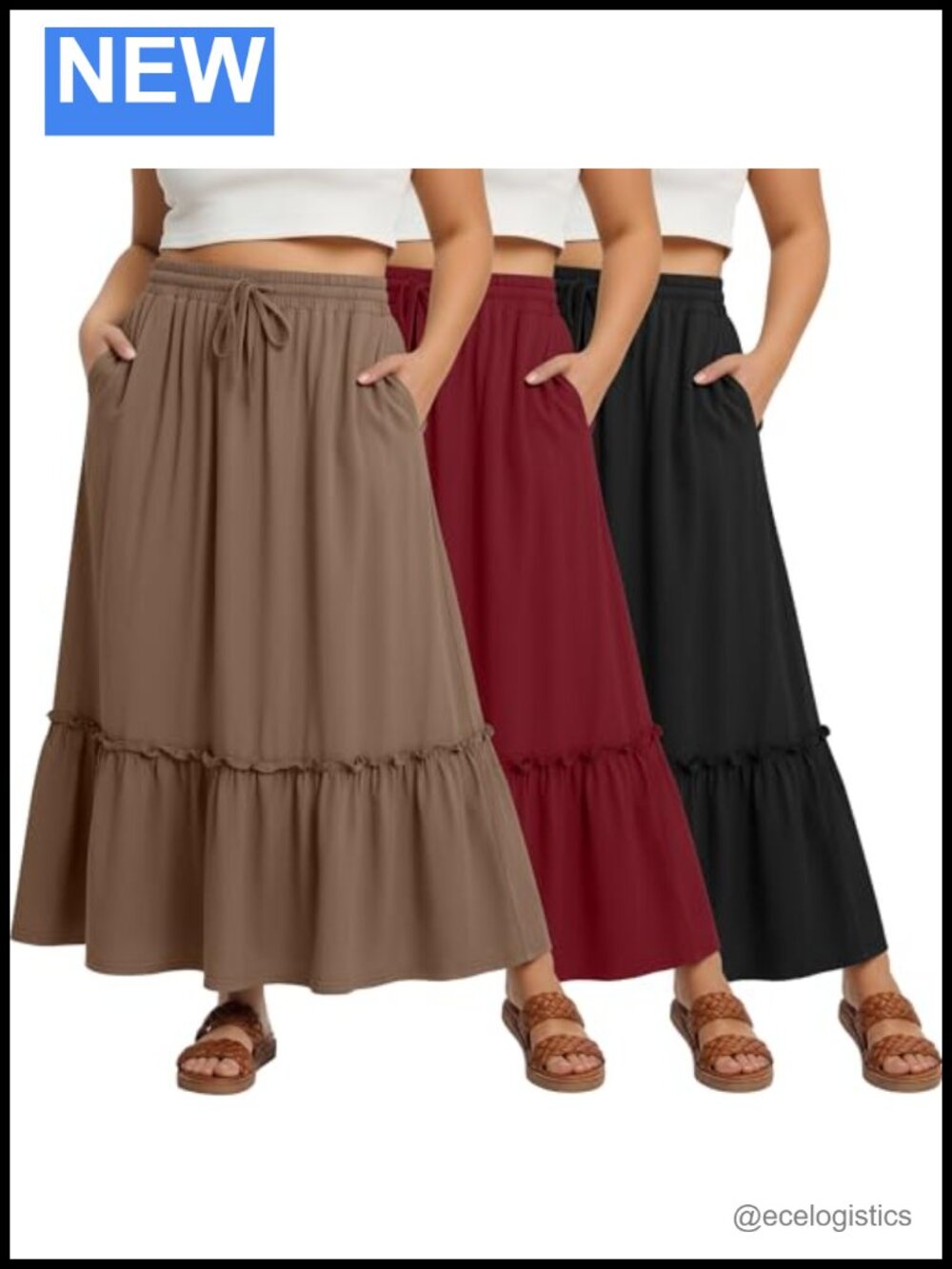 3 Pack Plus Size Boho Maxi Skirts with Pockets Tiered Ruffle Flowy